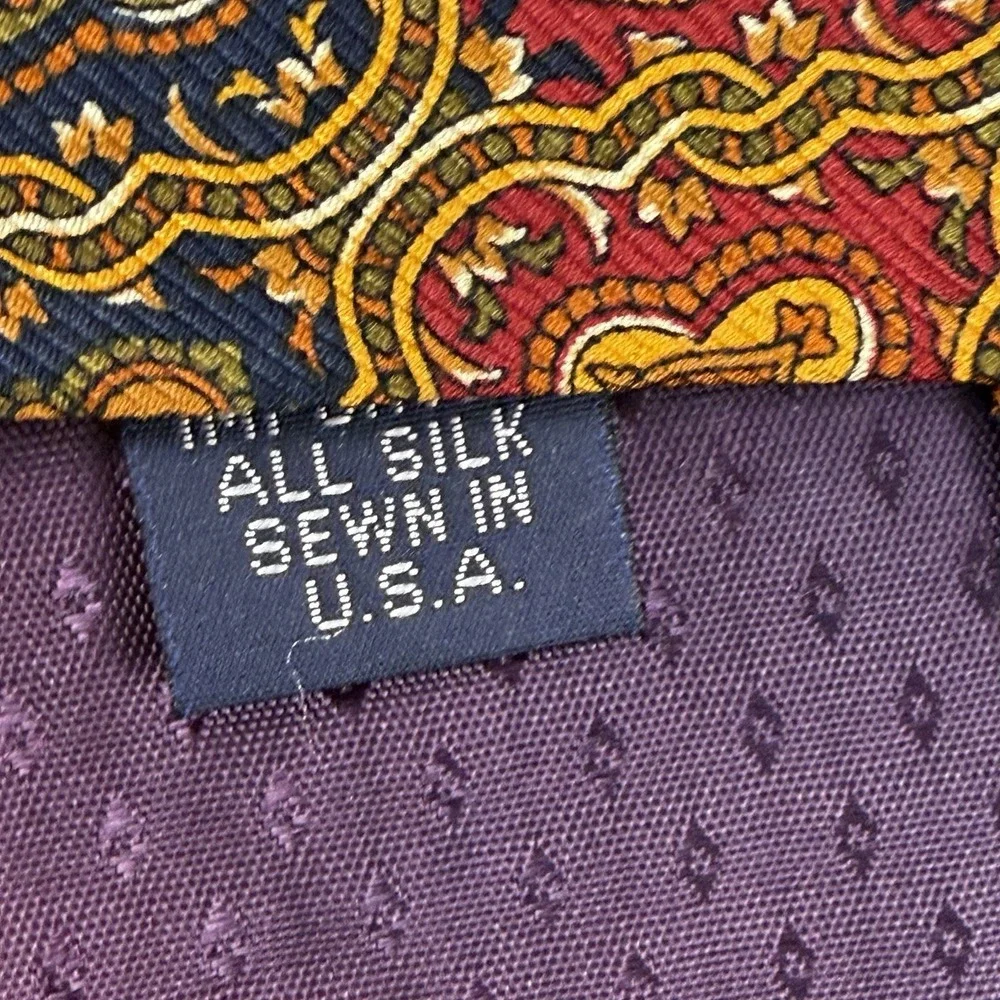 Vintage John Ashford USA Silk Tie Burgundy Navy Gold Medallion Wide 56x3.75